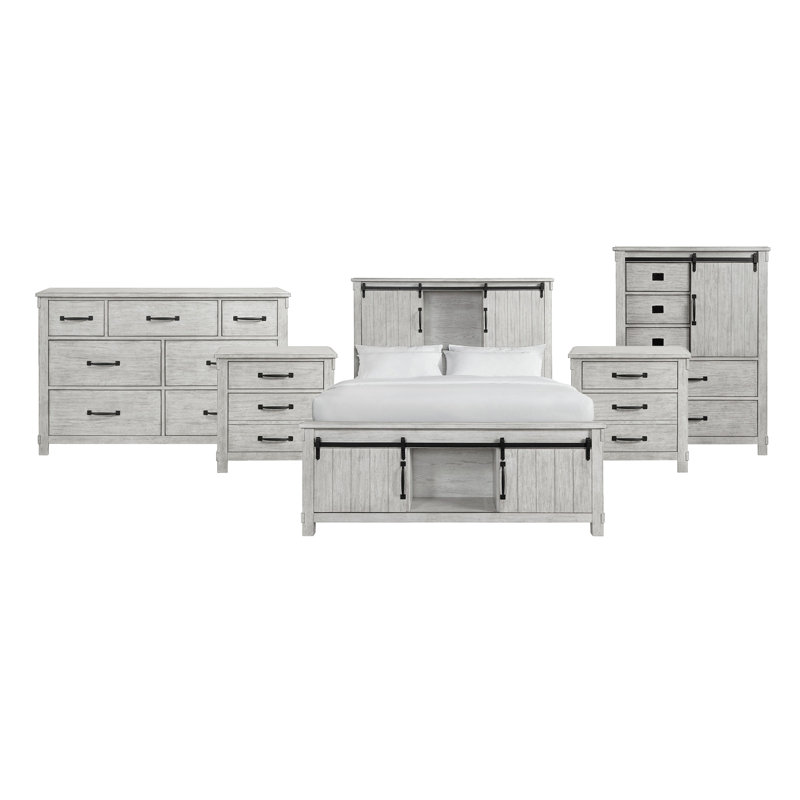 Ensemble de chambre avec grand lit plateforme et rangement 5 pièces Bruhn, 5 Pcs: Bed, Chest, Dresser, 2 Nightstands, Queen