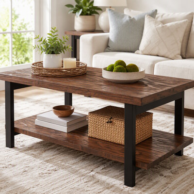 100% All‑Solid‑Wood Farmhouse Rustic Rectangle Coffee Table, Living Room Coffee Table with Open Storage Shelf, Heavy‑Duty Home Furniture