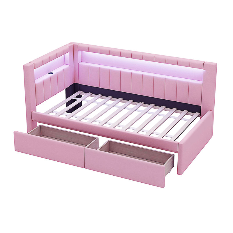 Lit plateforme tapissier simple avec ports USB et ceinture à DEL, avec 2 tiroirs