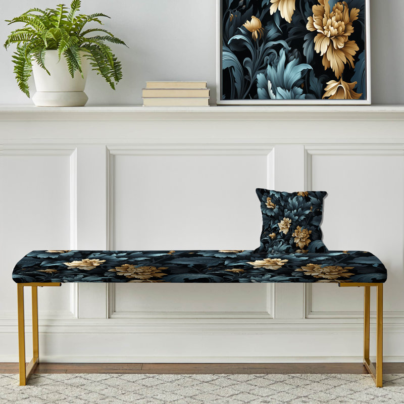 Dark Blue Tones Damask Flowers - Damask Upholstered Gold Bench