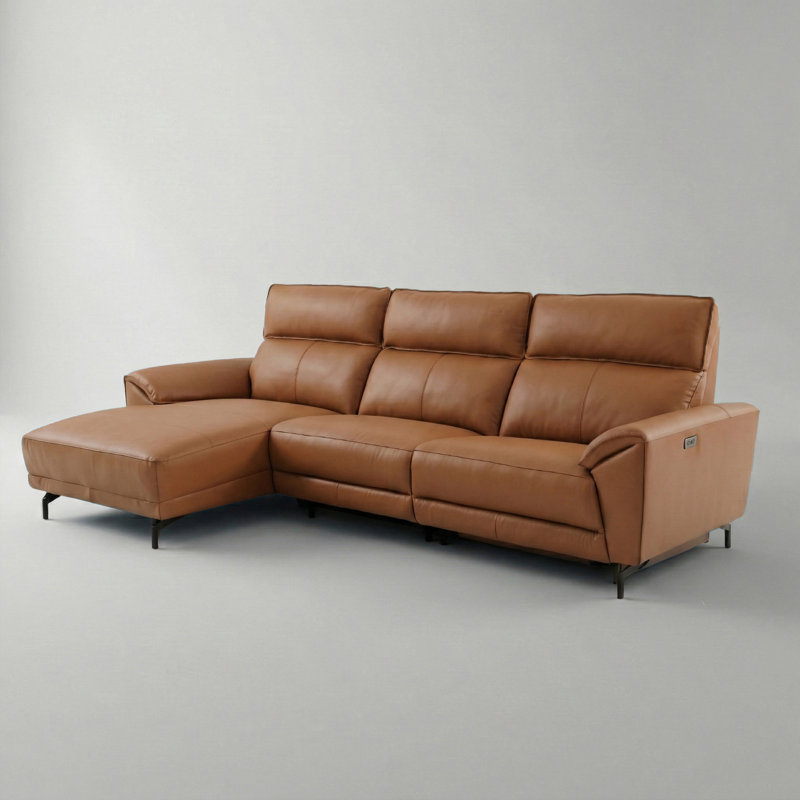 Houston Oversized Power Sectional With Chaise, Brown Top Grain Leather, Left Hand Facing