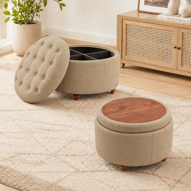 Repose-pieds rembourré avec rangement et coussin capitonné, Brown