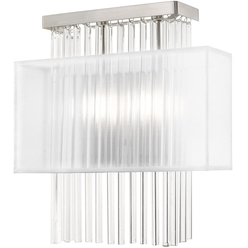 Applique murale ADA en nickel brossé: tiges de cristal transparent, abat-jour en tissu translucide.