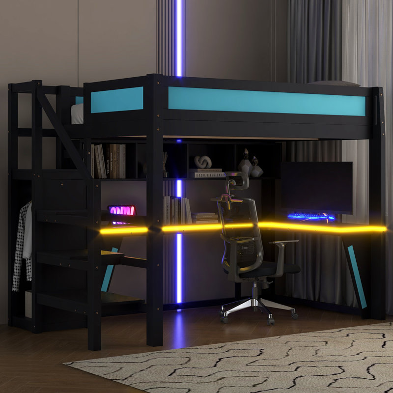 Lit mezzanine double avec bureau et garde-robe, cadre de lit mezzanine avec lumières DEL et USB intégré, noir et bleu
