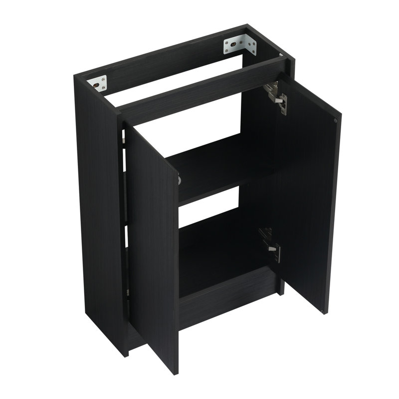 Meuble-lavabo moderne en châtaignier noir avec lavabo en céramique et rangement réglable