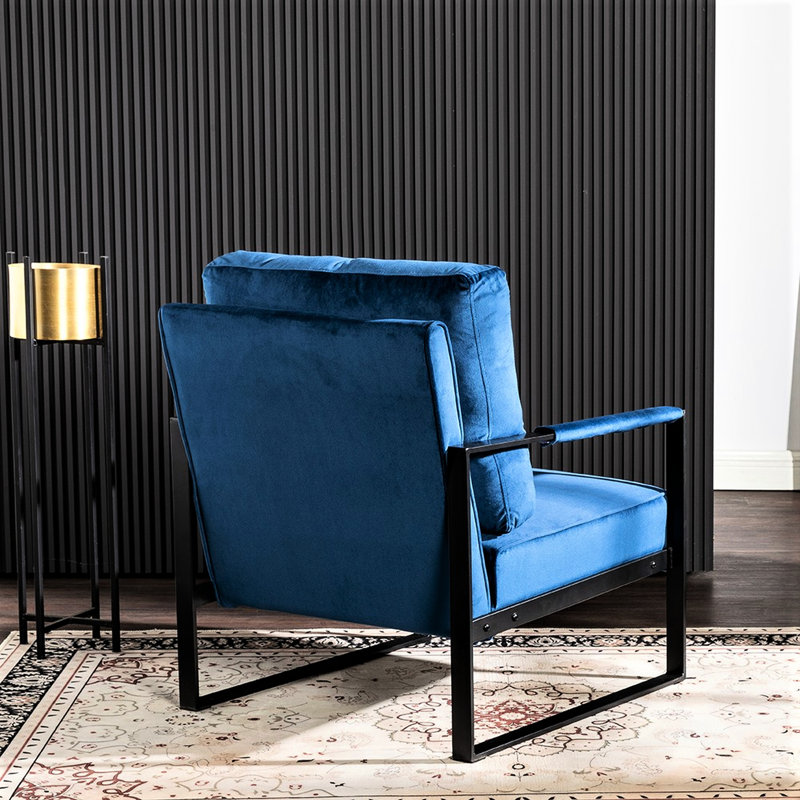Fauteuil de salon à structure métallique, velours bleu de style moderne du milieu du siècle, idéal pour la chambre ou le bureau.