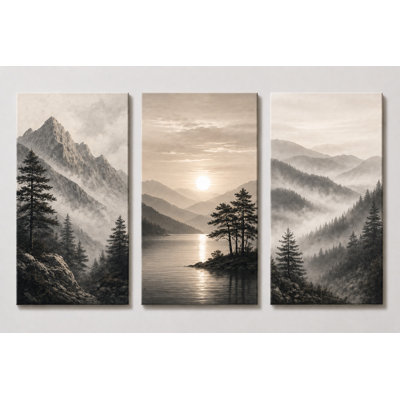 Très grand ensemble de 3 impressions murales neutres sur toile Misty Mountain Forest, impression sur toile de salon scandinave 24 x 36 po