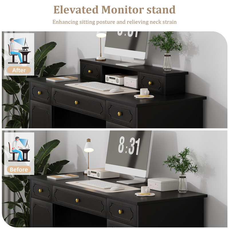 Bureau avec 7 tiroirs, bureau d'ordinateur de 54 pouces avec 7 tiroirs et 1 cabinet de travail, bureau de coiffeuse avec poignée dorée