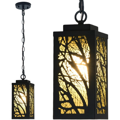 Luminaires suspendus d'extérieur pour porche, abat-jour ambre chaud branche d'arbre, chaîne réglable de 48 po, E26 imperméable 60 W, luminaire suspendu d'extérieur noir mat rustique, pour pavillon, terrasse, paquet de 1