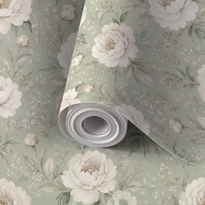 Papier peint auto-adhésif à motif de pivoines blanches crème, feuilles vertes, sauge douce, auto-adhésif et amovible 17,7 po x 118 po (45 x 300 cm)