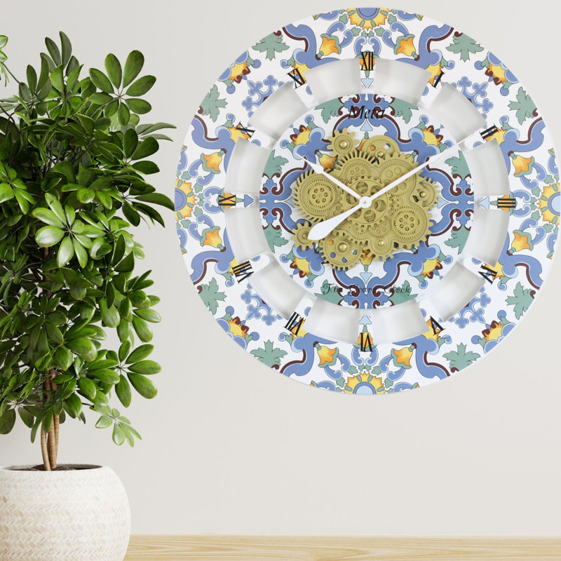 Oversized 36" Multicolor Metal and Wood Wall Clock with Moving Gears