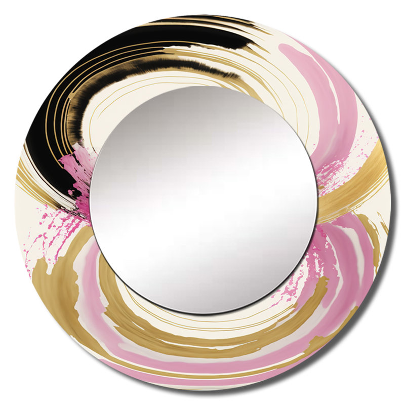 Grand miroir mural Qualee rose et doré Curves IV - marbre, miroir rond moderne unique, impression sur métal, 29 po x 29 po