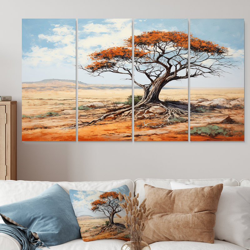 «African Desert Tree Survivor» - ensemble d'art mural africain 4 pièces, H 32 po x l 64 po
