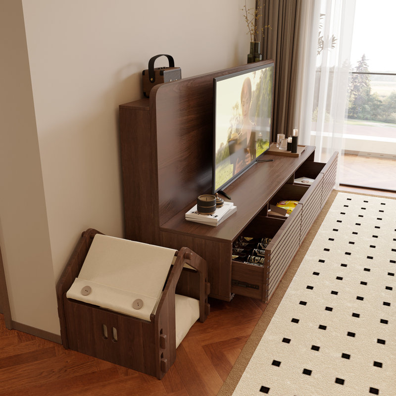 Meuble télé à roulettes pour téléviseur jusqu'à 78 po avec 3 tiroirs de rangement et tablettes ouvertes