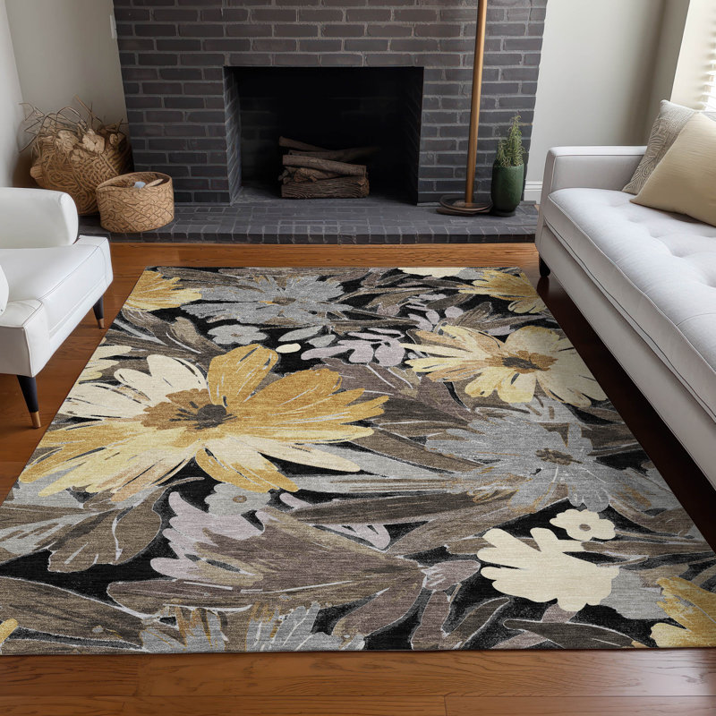Black and Yellow Floral Synthetic Washable Rug, 2'6" x 3'10"