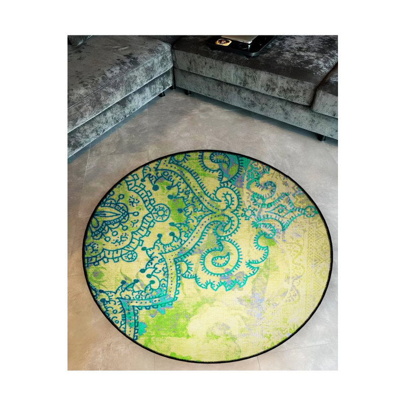 Green Blue Moroccan Ethnic Area Rug, Round 2'8"