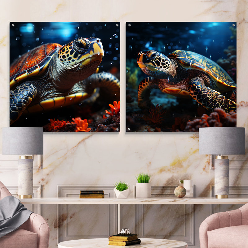 «Abstract Swim - Tortue», ensemble de 2 peintures murales en acrylique, H 16 po x l 33 po