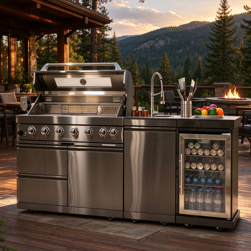 Îlot de cuisine extérieure de 85 pouces avec barbecue à gaz à 6 brûleurs, 85 000 BTU, rôtissoire, réfrigérateur et comptoir en granit