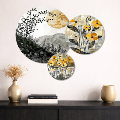 «Summer Mosaic Flower On Grey Desert Blossom I», impression d'art mural en métal 3 pièces