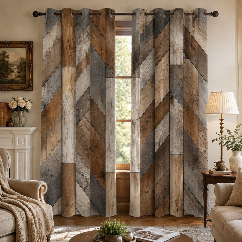 Lot de 2 rideaux occultants rustiques à motif chevron en planches de bois, style ferme, imprimé grain vintage, isolants thermiques pour la décoration du salon et de la chambre à coucher.
