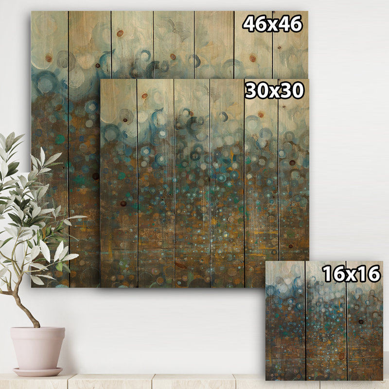 Pois bleus et bronze - reproduction moderne sur bois de pin naturel, H 16 po x l 16 po x P 1 po