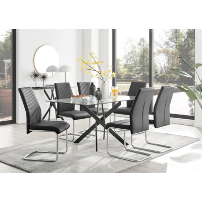 Lenworth Black Metal and Glass Rectangular Dining Table Set with 6 Upholstered Faux Leather Chairs
