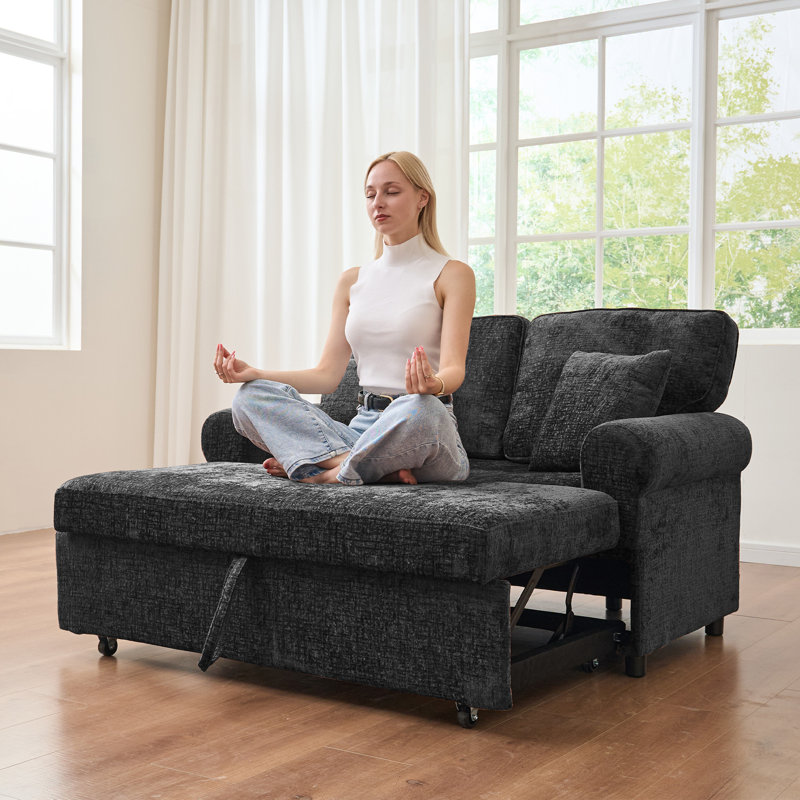 Chenille Chaise Lounge Sofa Bed With Removable Cushion, Black