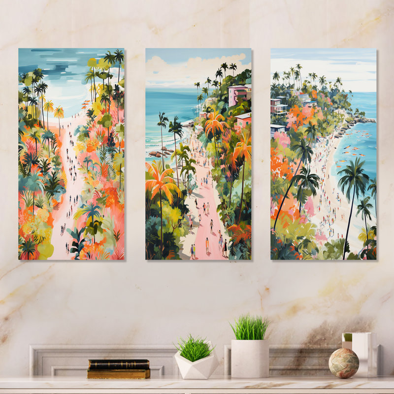 Scène de plage côtière, paradis en couleur pastel I - ensemble de 3 impressions sur toile de plage côtière, Toile tendue