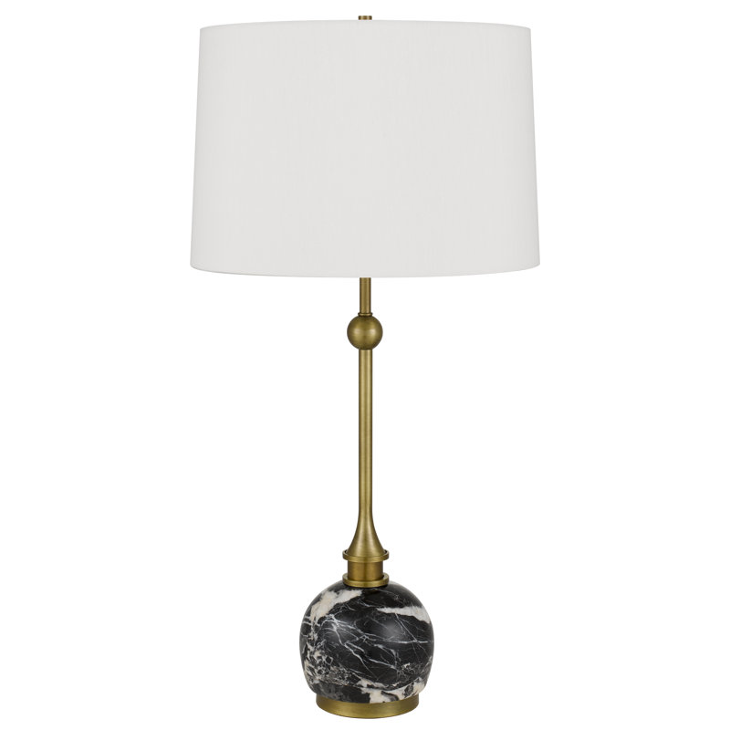 Lampe de table Midlands 74,3 cm (29,25 po) de hauteur, métal laiton antique, marbre noir, 150 W, ampoule E26 à 3 intensités, abat-jour blanc