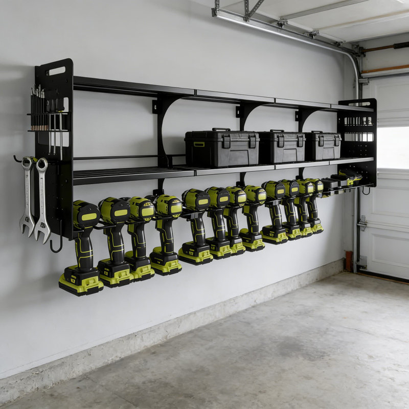 Support mural pour outils électriques avec 16 fentes et côtés perforés, support de rangement robuste à 3 niveaux pour perceuses et outils sans fil, système de garage et d'atelier
