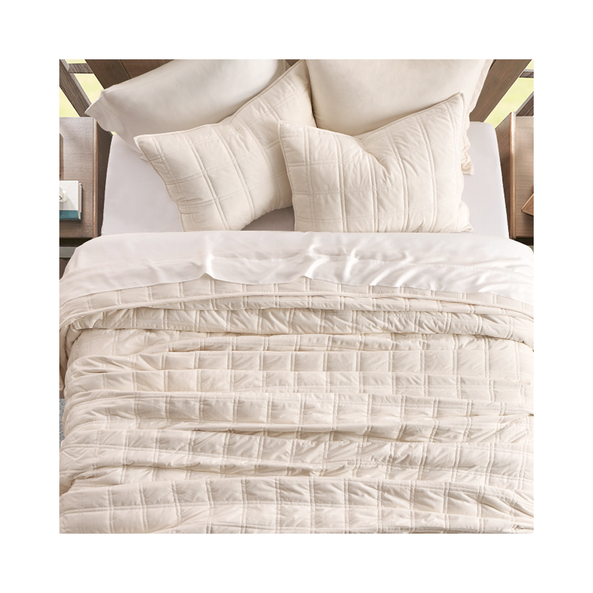 Double Box Stitch Velvet Quilt set, Cream White, King Quilt + 2 King Shams