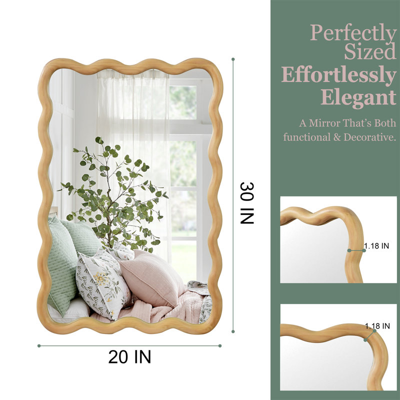 Oak Color 20"x30" Wavy Rectangle Solid Wood Frame Decorative Mirror