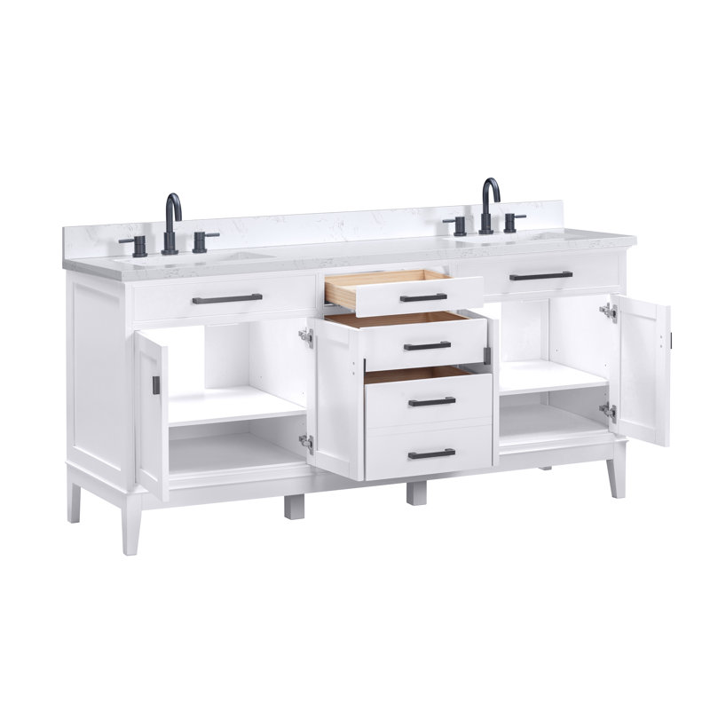 Madison 72" Double Bathroom Vanity Set, White, 61", Cala White Engineered Stone