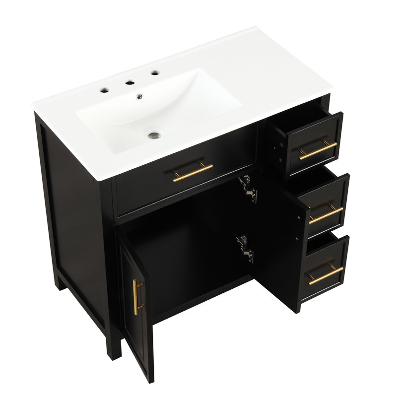 Meuble-lavabo de 36 pouces avec lavabo à gauche, armoire et deux portes en bois massif, trois tiroirs, finition peinte, poignées dorées pour un accès facile au lavabo de 36 pouces, construction, portes, eau