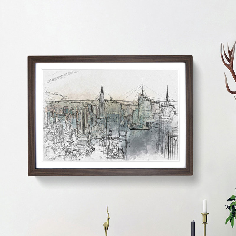 Manhattan Skyline in New York - Picture Frame Graphic Art Print, Walnut Framed, 62cm H x 87cm W x 2cm D