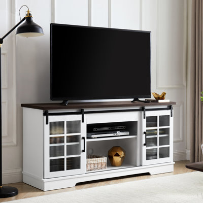 Meuble audio-vidéo à porte coulissante pour téléviseur 65 po, blanc et brun, espace de rangement spacieux avec porte en verre pour l 59,13 po x P 15,94 po x H 27,8 po, tablette réglable incluse
