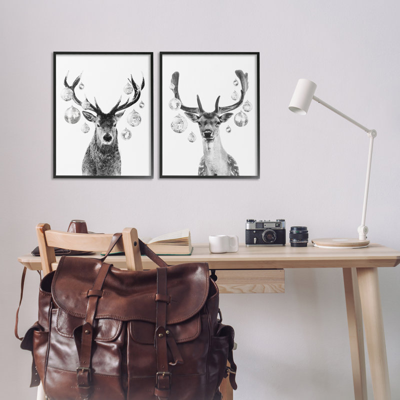 «Black and White Disco Deer», ensemble de 2 giclées encadrées par Victoria Barnes, Giclée encadrée noir minuit