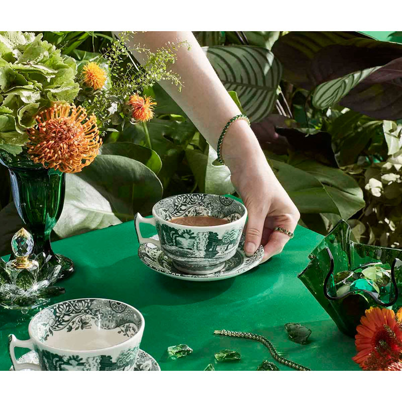 Heritage Green Italian 10 Oz. Breakfast Cups & Saucers, Set of 4