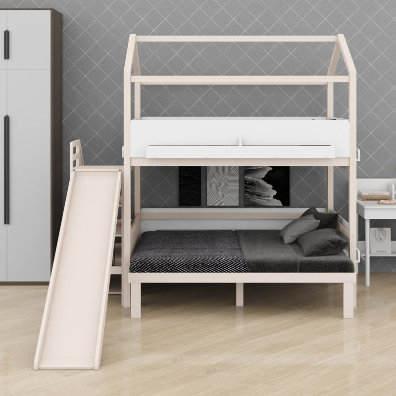 Bunk Bed, House-Shaped with Slide and Storage Staircase, Sturdy Frame, Beige+White