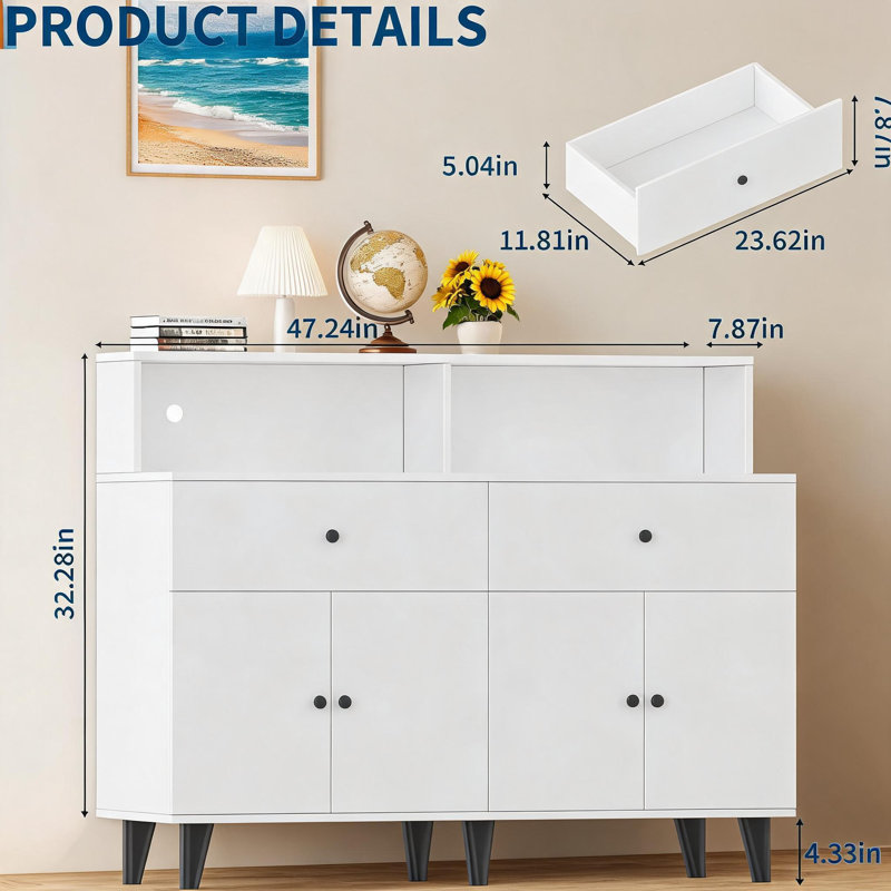 Armoire de cuisine moderne avec prises de courant et lumière DEL - Buffet autoportant de 47,2 po, tablettes réglables, tiroirs, huche de table basse pour le salon ou la salle à manger.