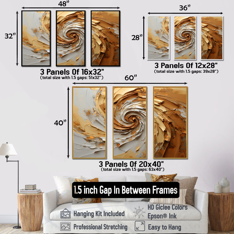 Brun doré, spirale moka I - ensemble d'art mural spirales abstraites, Cadre flottant doré, H 32 po x l 48 po x P 1 po