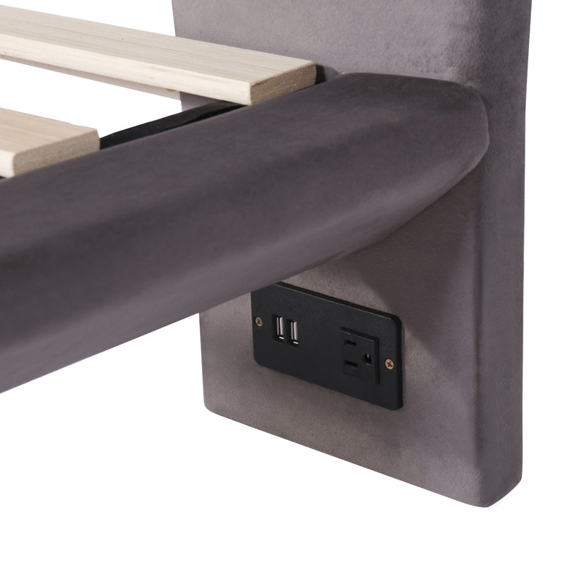 Lit plateforme tapissier avec dossier confortable et ports USB intégrés, gris, Full