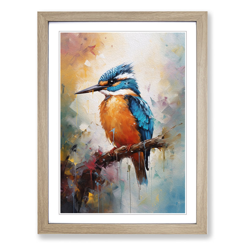 Kingfisher Impressionism - Single Picture Frame Print on Wood, Oak Framed, 34cm H x 25cm W x 2cm D