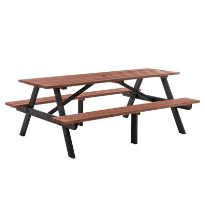 8-Person Wooden Picnic Table with 2 Built-in Benches and Umbrella Hole for Family Gatherings and Backyard Parties, Black