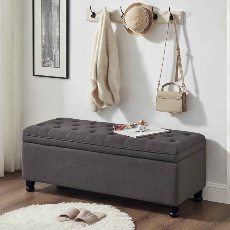 Entryway and Bedroom Upholstered Tufted Storage Bench, Soft Gray Linen 2-Seat Lift Top Storage with Solid Wood Spindle Legs