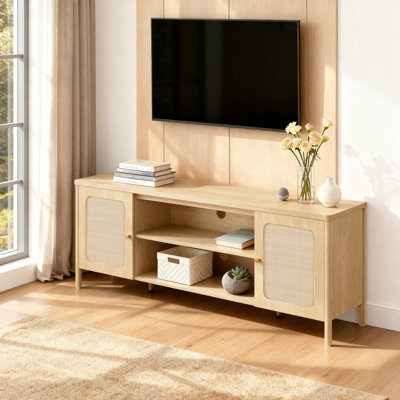  Boho TV Stand with Rattan Doors and Open Storage for  TVs up to 70" 