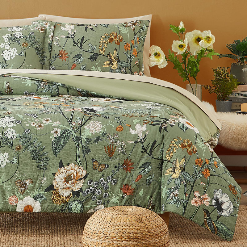 Comforter Set, Comforter Set with Pattern, Soft Seersucker Design All Season Microfiber Bedding Set, Green Butterfly & Floral
