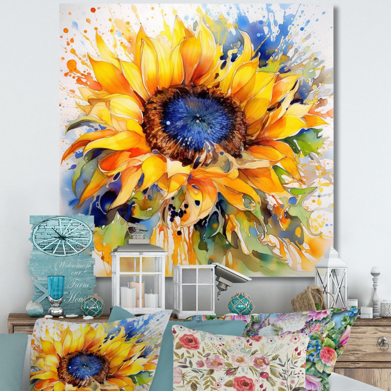 Jaune, bleu, doré, tournesols joyeux - art mural floral, H 36 po x l 36 po, Sans cadre, Toile tendue