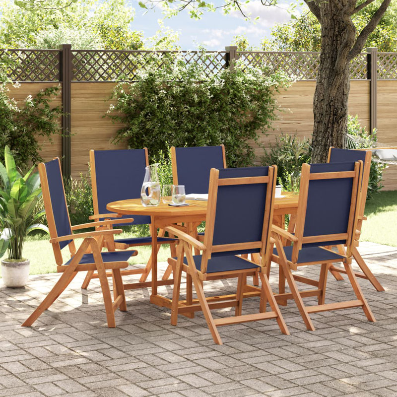 Solid Wood Patio Dining Set Oval Table, Blue / White / Grey, 75cm H x 170cm W x 80cm D, 6