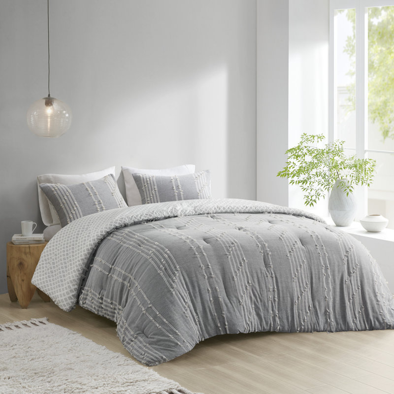 Ensemble de literie en jacquard de coton 3 pièces, Gris, Housse de couette double / grand + 2 taies décora